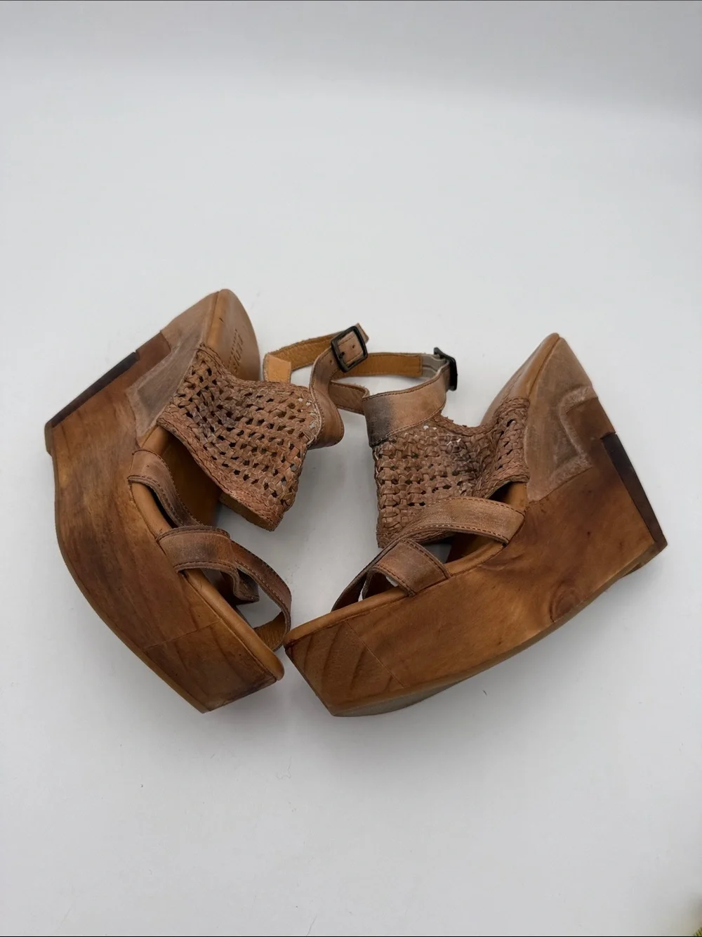 Anthropologie Bed Stu Petra Woven Leather Platform Wedge Sandals 11 Brown  Y2K